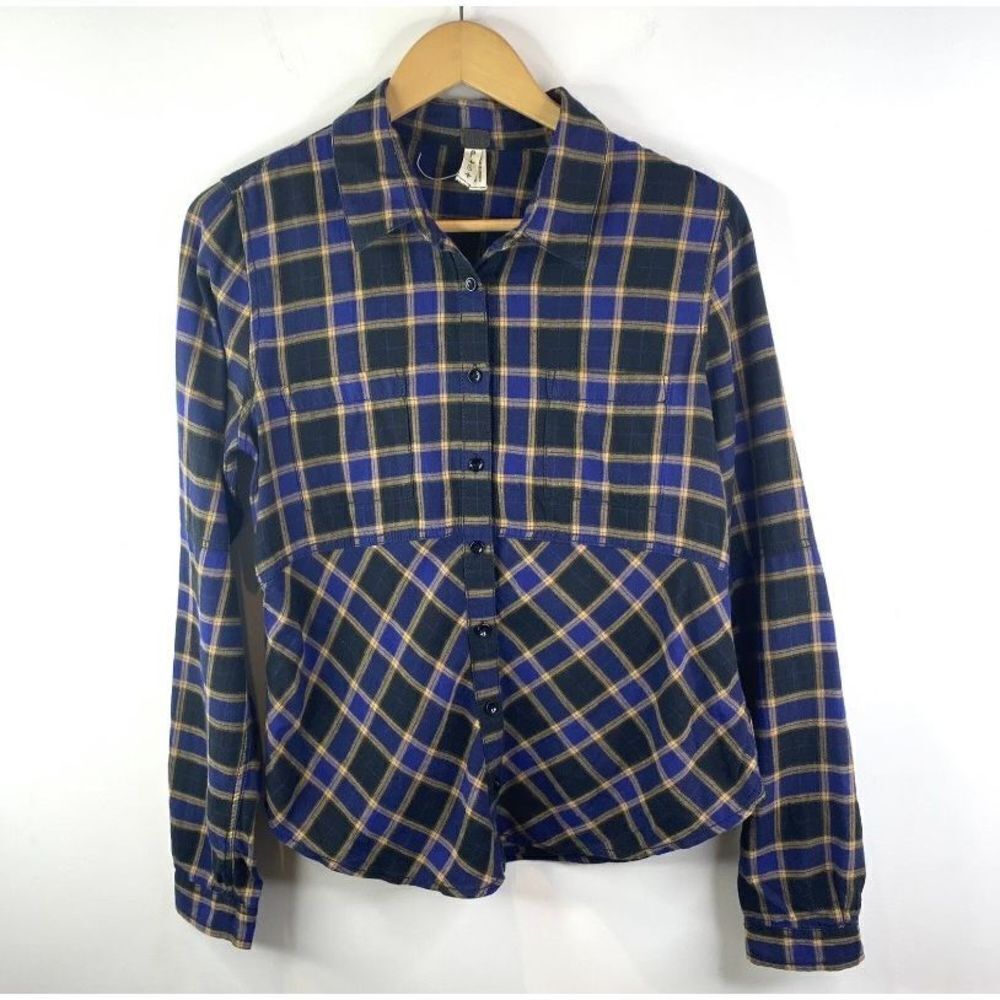 We The Free People Cotton Plaid Button Down Flannel Western Shirt‎ Blue XS